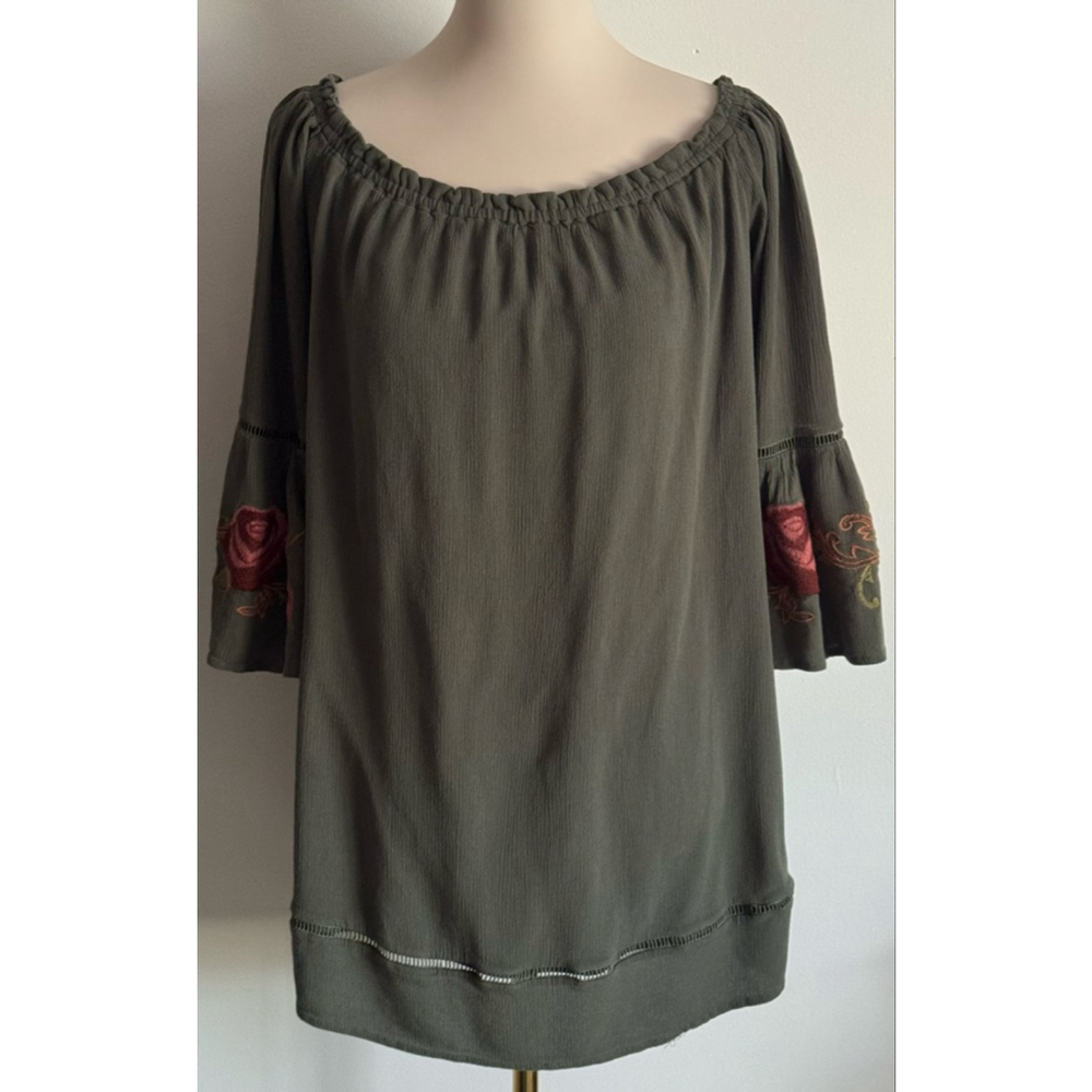 Women's Knox Rose Olive Green Blouse with Red Floral Embroidery, Size L